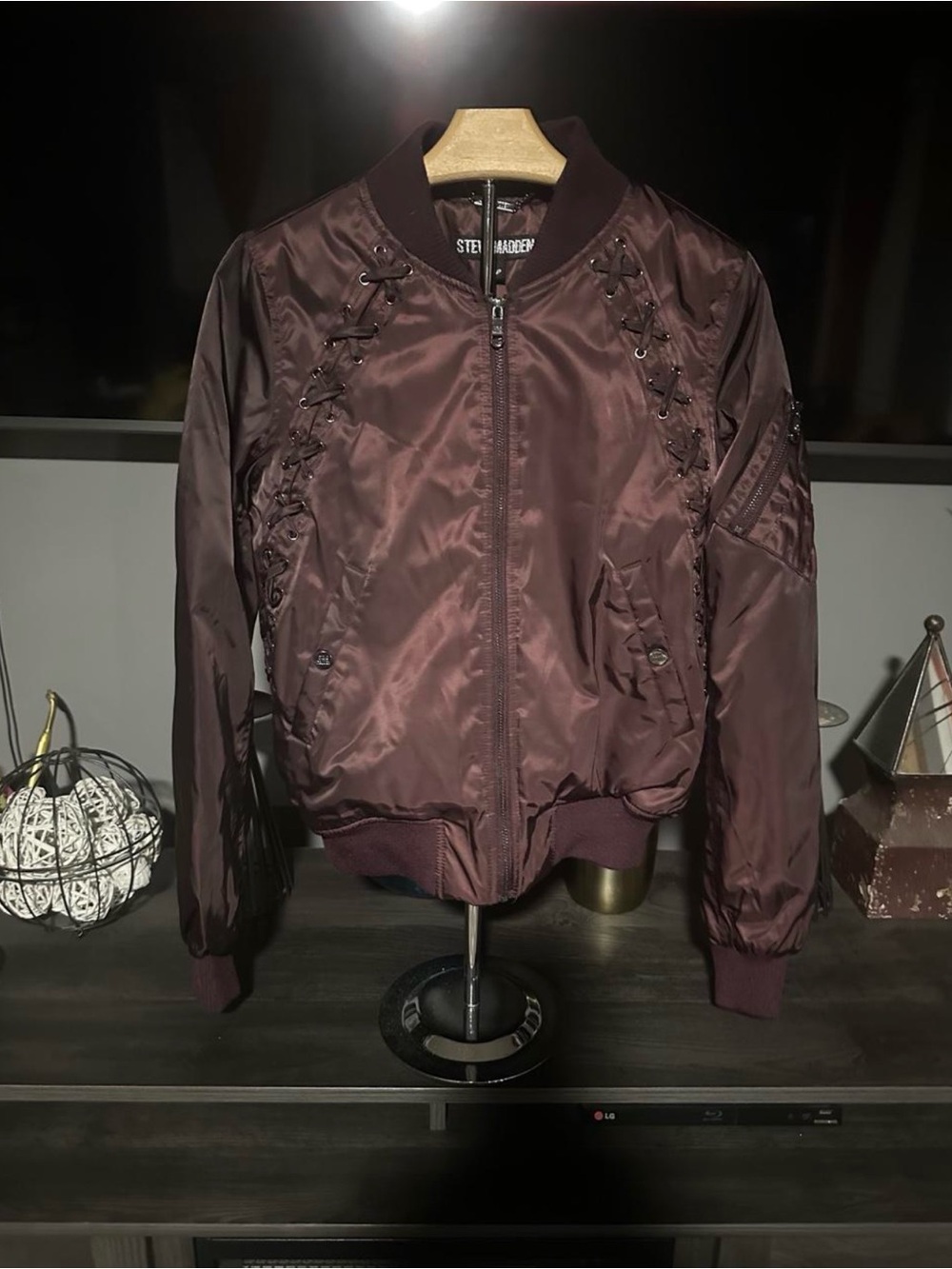 Steve Madden Maroon Lace-Up Satin Bomber Jacket